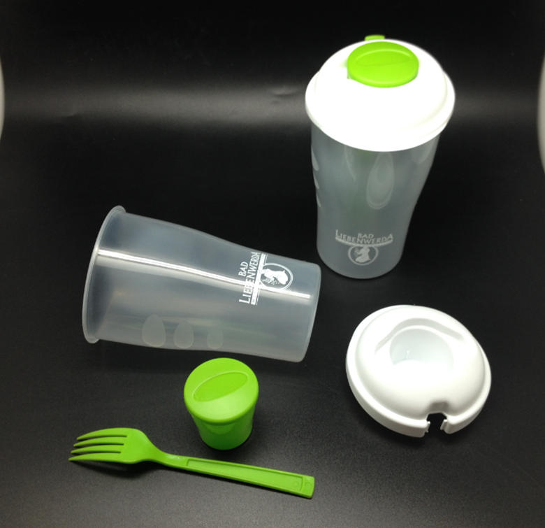Food grade plastic salad container with fork and dressing Container