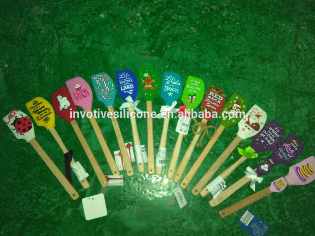 Custom CMYK printing Silicone rubber spatula head with wooden handle